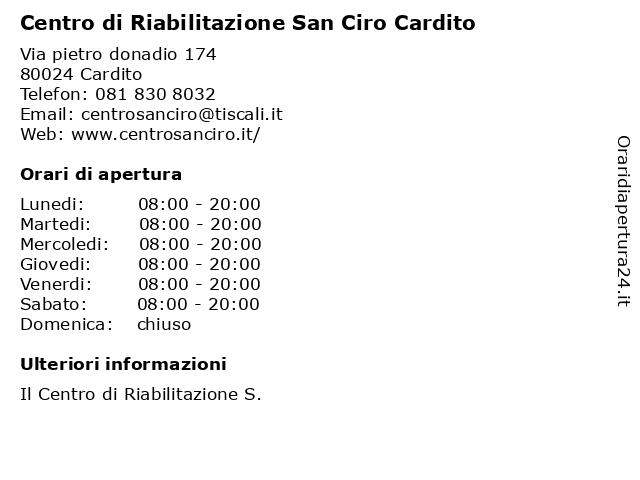 Orari di apertura Centro di Riabilitazione San Ciro Cardito